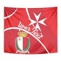 Red Malta tapestry close view with white star cross, 'Your Text' and coat of arms shield.