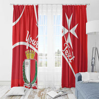 Red window curtain pair with Malta coat of arms shield and white Maltese cross design
