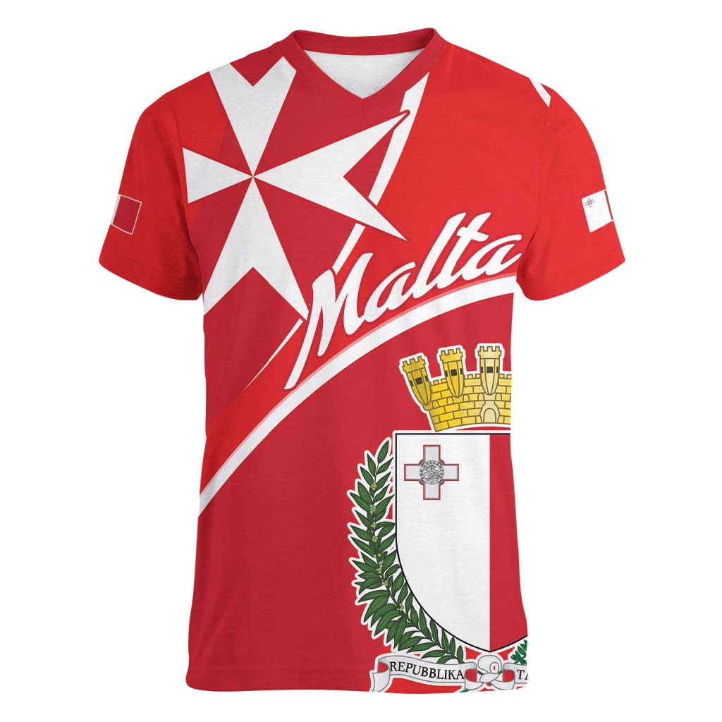 Personalized Malta Cross Coat Of Arms Women V-Neck T-Shirt - Wonder Print Shop