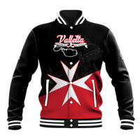 Black baseball jacket with striped collar and cuffs, Valletta crest graphic on front