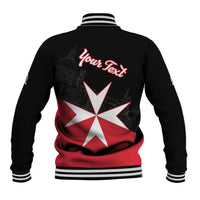 Black baseball jacket with striped rib trim, Malta star graphic and 'Your Text' on back