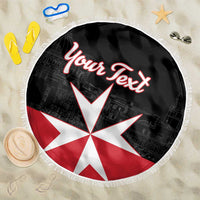 Black round beach blanket with fringe, Malta cross and red 'Your Text' design