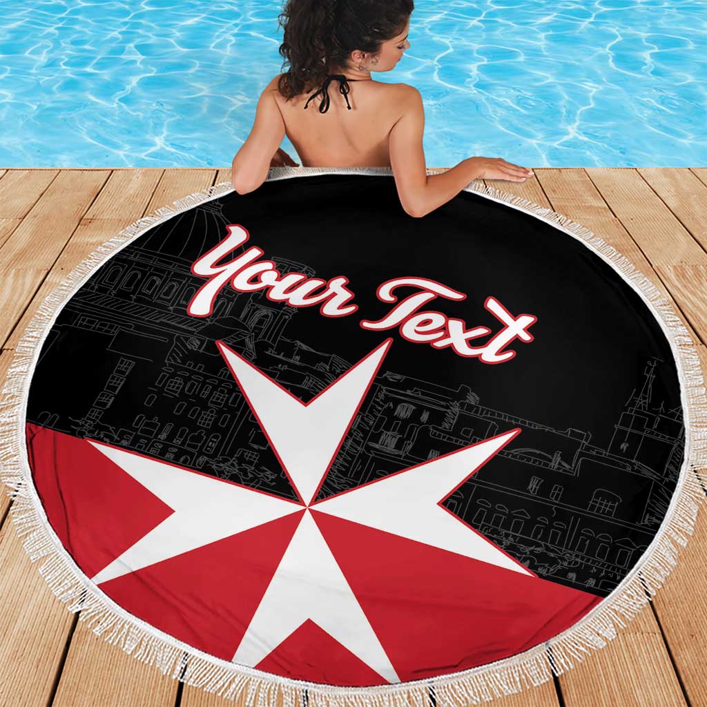 Black round beach blanket with fringe, Malta cross and red 'Your Text' lettering