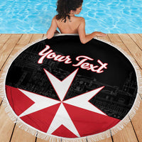 Black round beach blanket with fringe, Malta cross and red 'Your Text' lettering