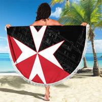 Black round beach blanket with fringe, Malta cross and red 'Your Text' held up