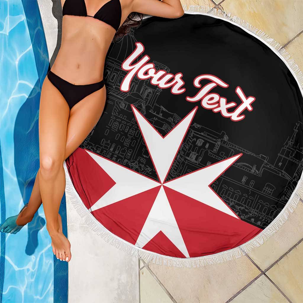 Black round beach blanket with fringe, Malta cross and red 'Your Text' lettering