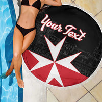 Black round beach blanket with fringe, Malta cross and red 'Your Text' lettering