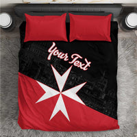 Red and black duvet bedding set with white Maltese cross and 'Your Text' on black panel