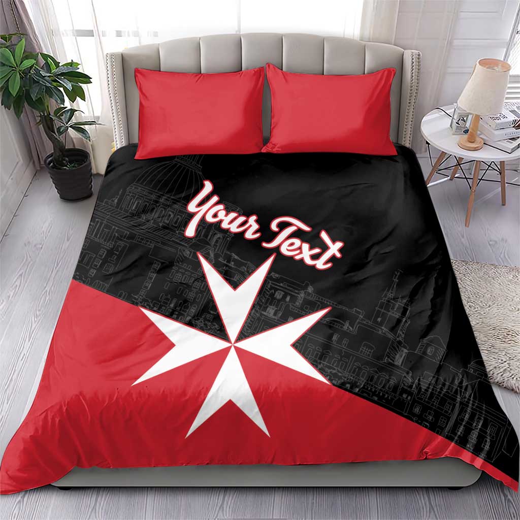 Black and red personalized bedding set with white Maltese cross and 'Your Text' on duvet