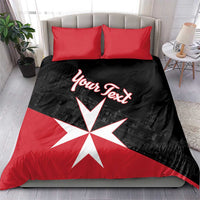 Black and red personalized bedding set with white Maltese cross and 'Your Text' on duvet