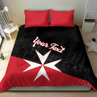 Red pillow and black duvet bedding set with white Maltese cross and 'Your Text' lettering