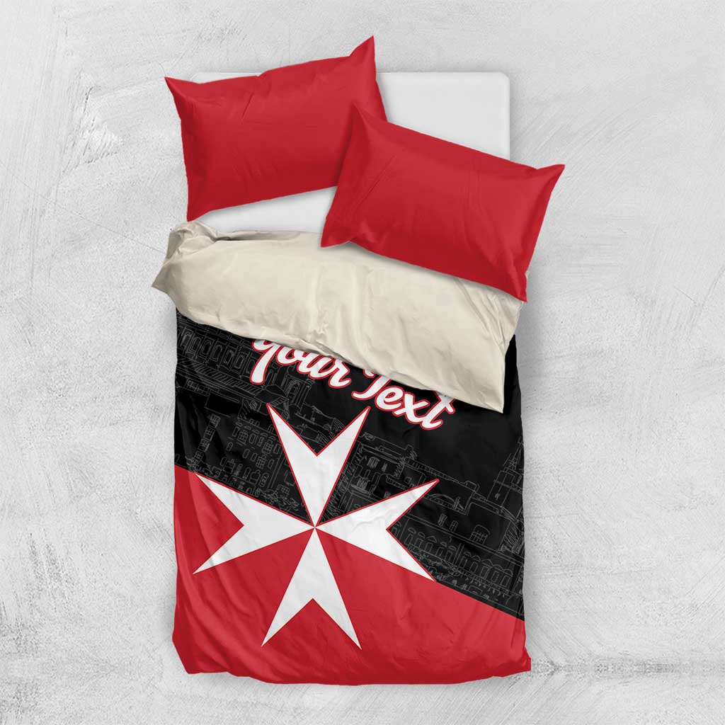 Red and black bedding set with white Maltese cross, 'Your Text' script, and red pillows