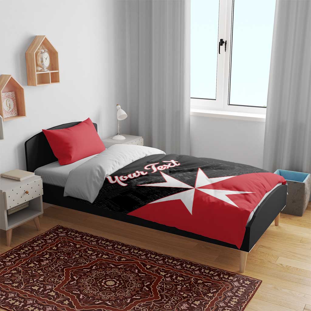 Red and black personalized duvet and pillows with white Maltese cross and 'Your Text' text