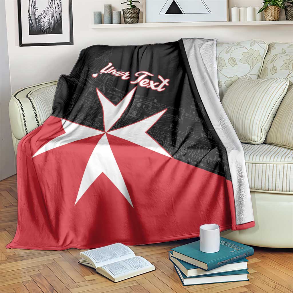 Personalized Malta cross blanket, black and red with large white cross and “Your Text”