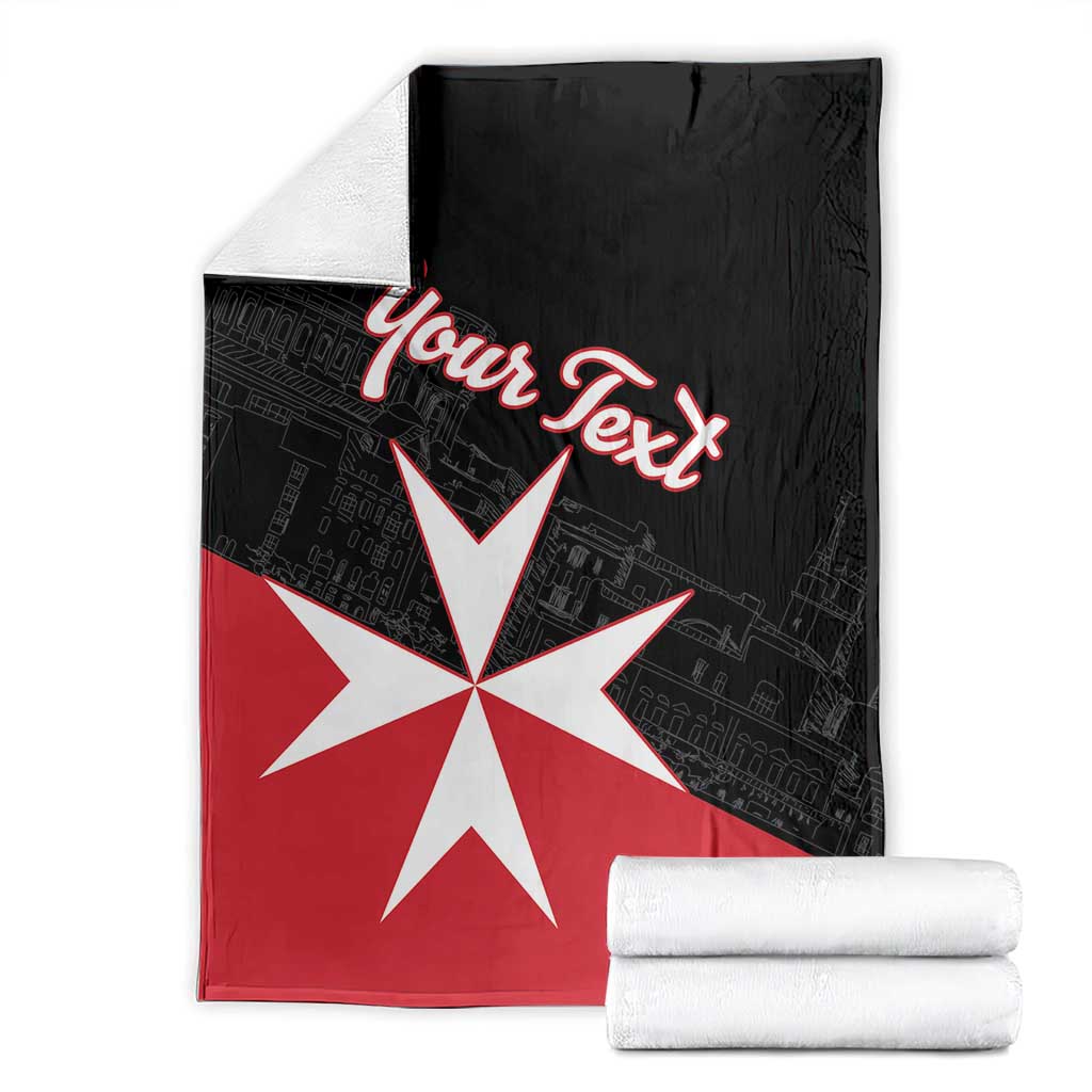 Personalized Malta cross blanket laid flat, black and red with white cross and “Your Text”