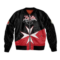Black satin bomber jacket with red/white Malta cross print and Valletta logo