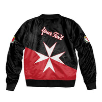 Black satin bomber jacket with red/white Malta cross print and 'Your Text' back graphic