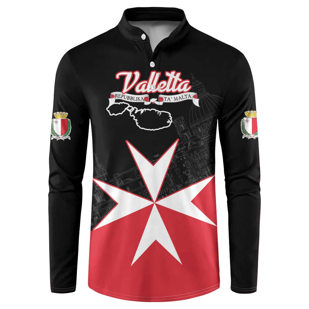 Black zip-collar sweatshirt with Valletta logo and Malta map star graphic in red/white.