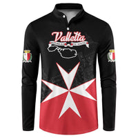 Black zip-collar sweatshirt with Valletta logo and Malta map star graphic in red/white.