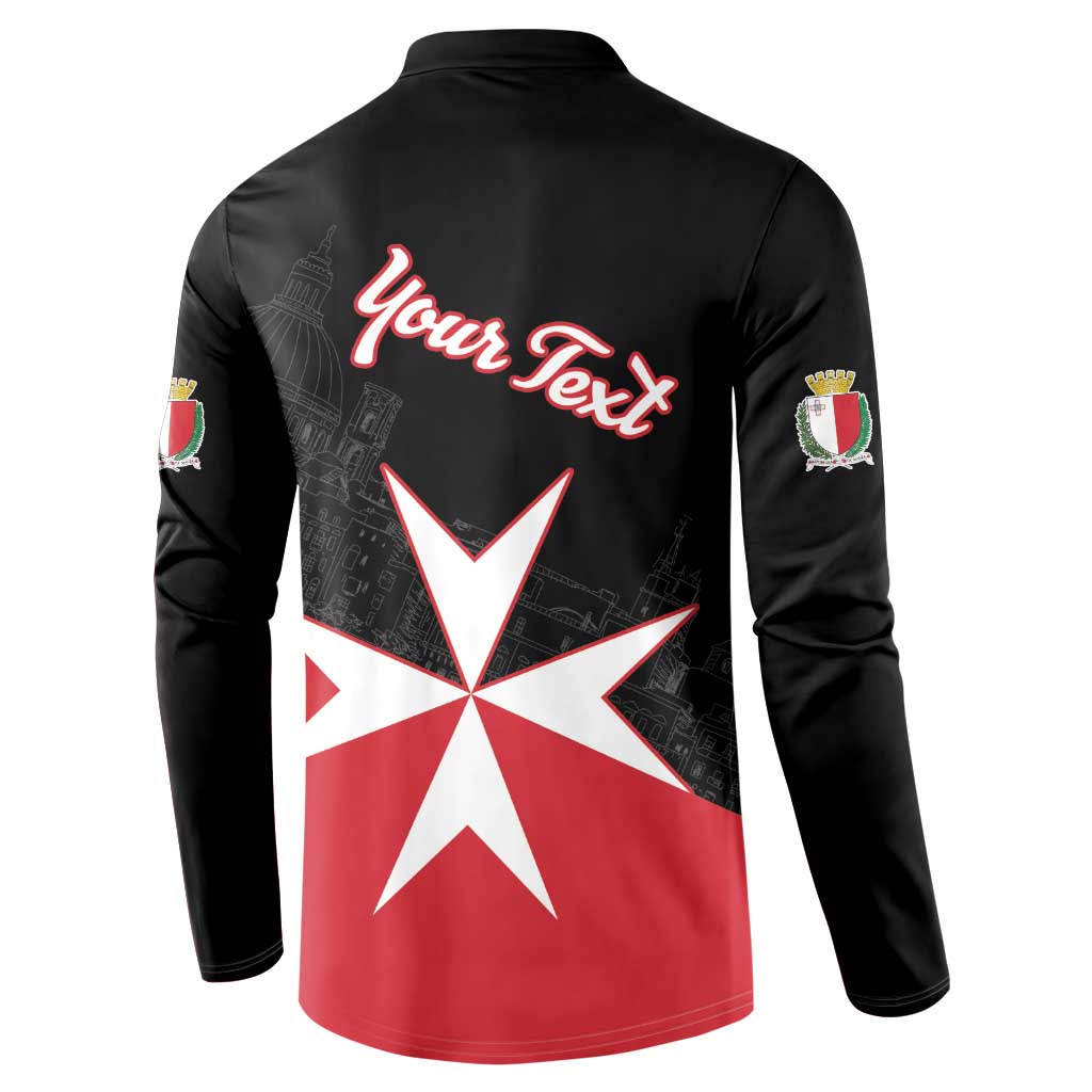 Black sweatshirt back with Your Text script and large red/white Malta star graphic.