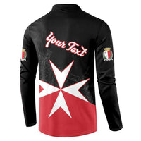 Black sweatshirt back with Your Text script and large red/white Malta star graphic.