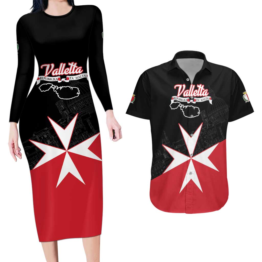 Personalized Malta Cross With Valletta Capital Couples Matching Long Sleeve Bodycon Dress and Hawaiian Shirt - Wonder Print Shop