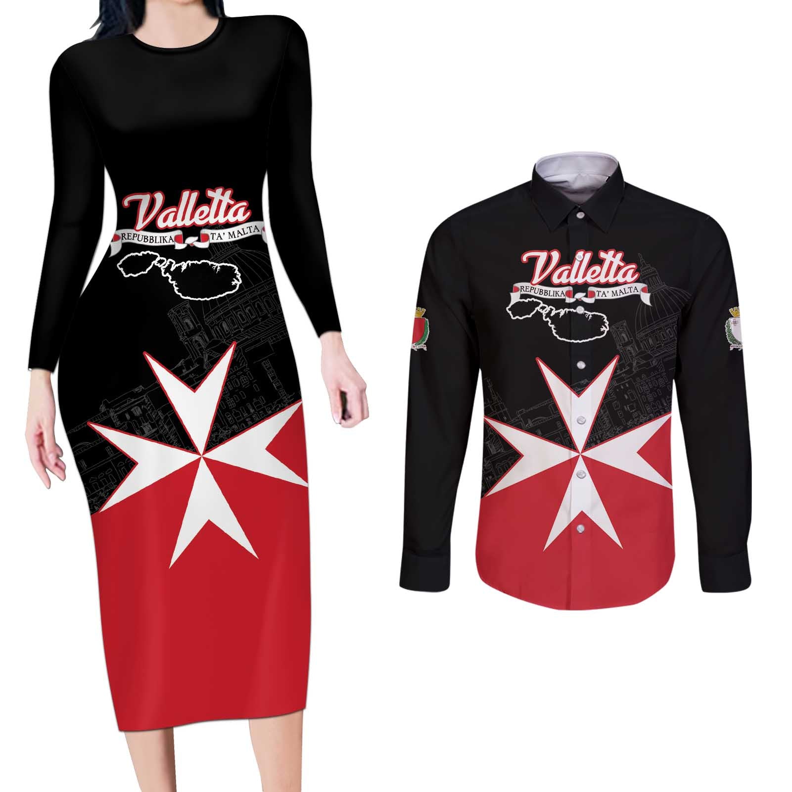 Personalized Malta Cross With Valletta Capital Couples Matching Long Sleeve Bodycon Dress and Long Sleeve Button Shirt - Wonder Print Shop