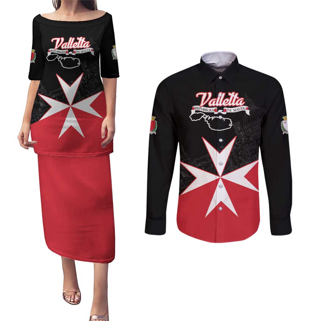 Personalized Malta Cross With Valletta Capital Couples Matching Puletasi and Long Sleeve Button Shirt - Wonder Print Shop