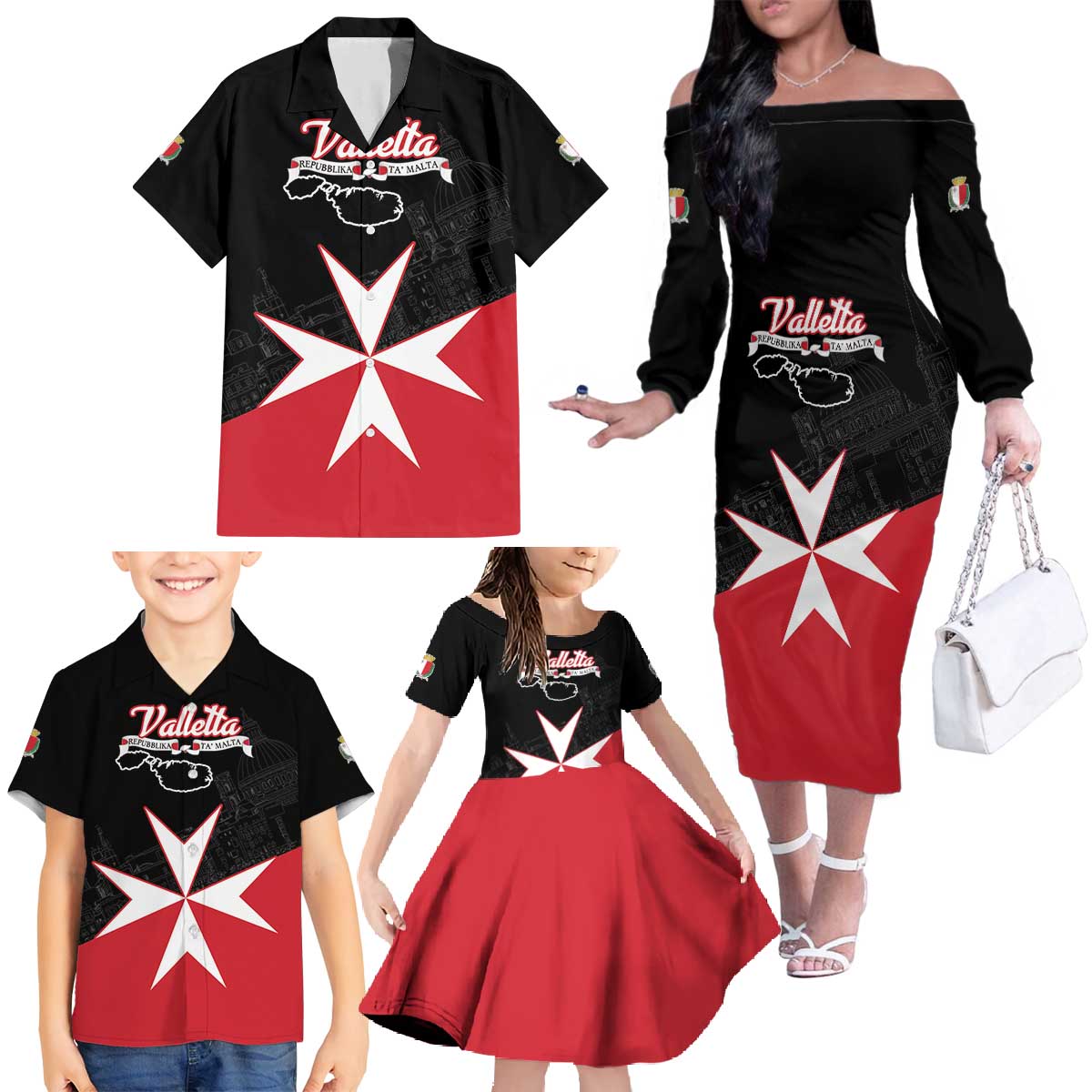 Personalized Malta Cross With Valletta Capital Family Matching Off The Shoulder Long Sleeve Dress and Hawaiian Shirt - Wonder Print Shop