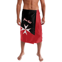 Black and red board shorts with large white star and Malta cross front graphic