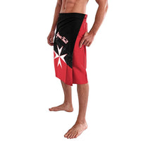 Black and red board shorts with white star graphic and script on side