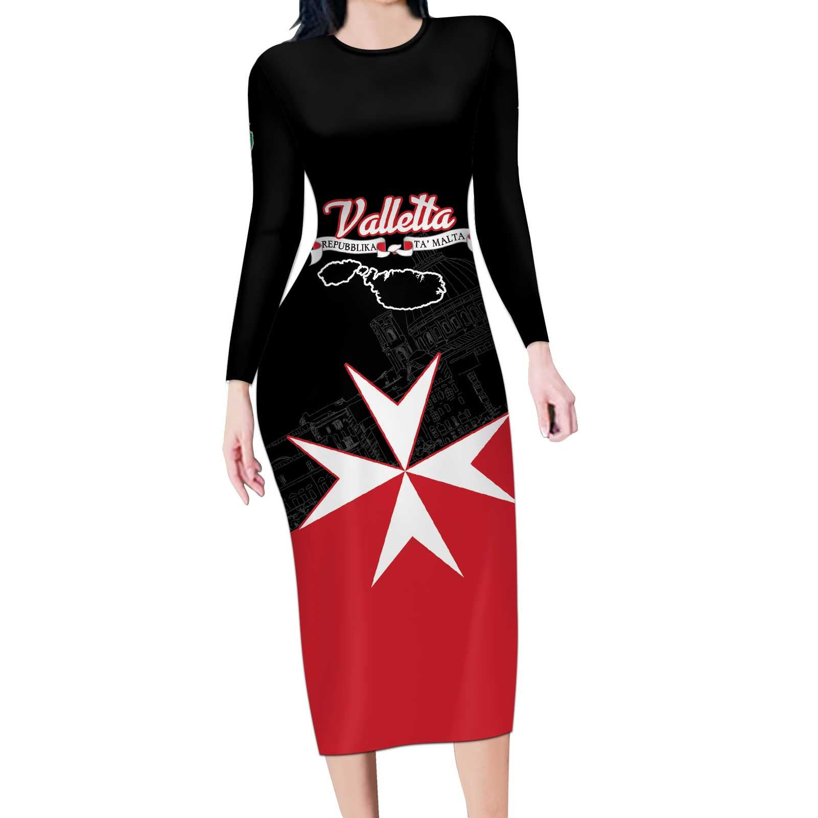 Personalized Malta Cross With Valletta Capital Long Sleeve Bodycon Dress - Wonder Print Shop