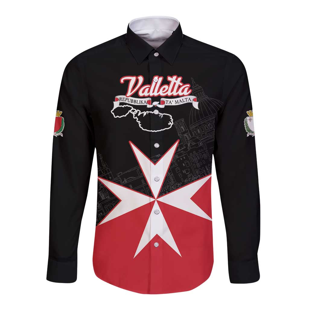 Black long-sleeve button shirt with front print, 'Valletta' text and Malta-style cross art