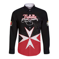 Black long-sleeve button shirt with front print, 'Valletta' text and Malta-style cross art