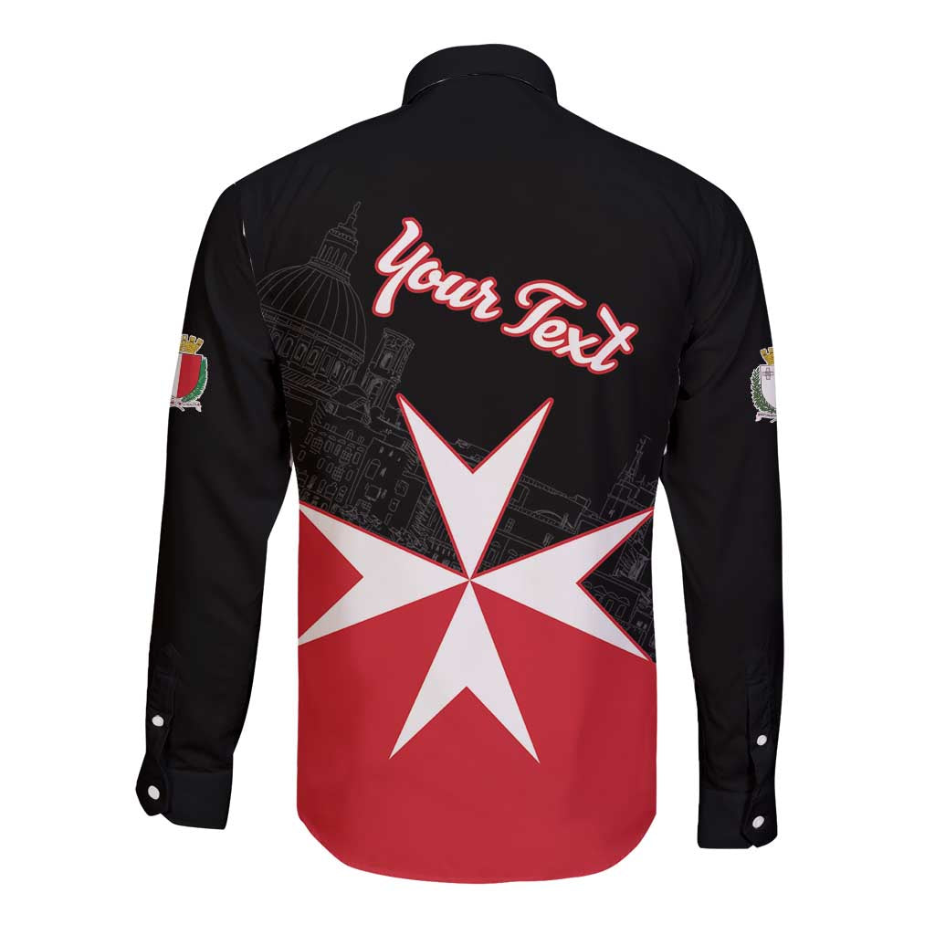 Black long-sleeve button shirt with back print of Malta-style cross and red 'Your Text'