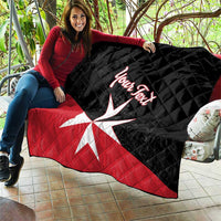 Personalized quilt blanket draped on couch: black and red with Malta cross and “Your Text”