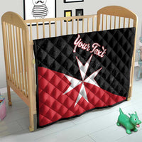 Personalized quilt blanket on wooden crib, black and red with Malta cross and “Your Text”
