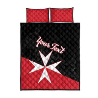 Personalized quilt bed set with two pillows; black top, red bottom, white cross and custom text