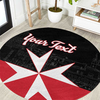 Round black carpet with large red-and-white Malta cross and 'Your Text' script
