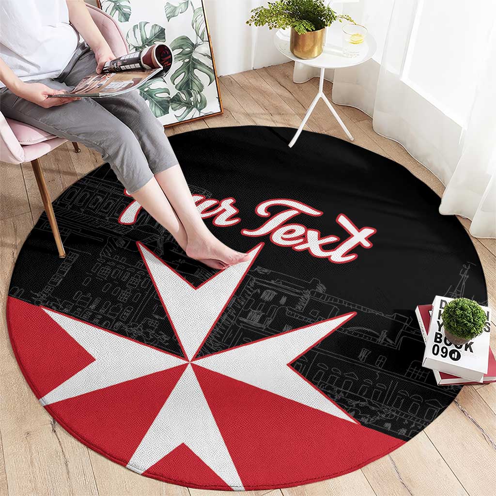 Round black area rug with red and white Malta cross and personalized 'Your Text' print
