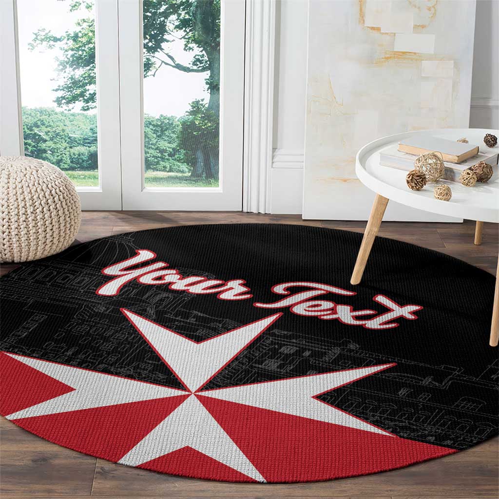 Round black area rug with centered red-and-white Malta cross and 'Your Text' lettering