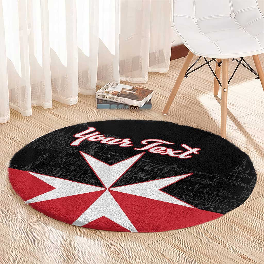 Round black carpet rug with bold red-and-white Malta cross and 'Your Text' text