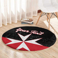 Round black carpet rug with bold red-and-white Malta cross and 'Your Text' text