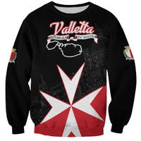 Black crewneck sweatshirt with red-white Malta cross and Valletta emblem front