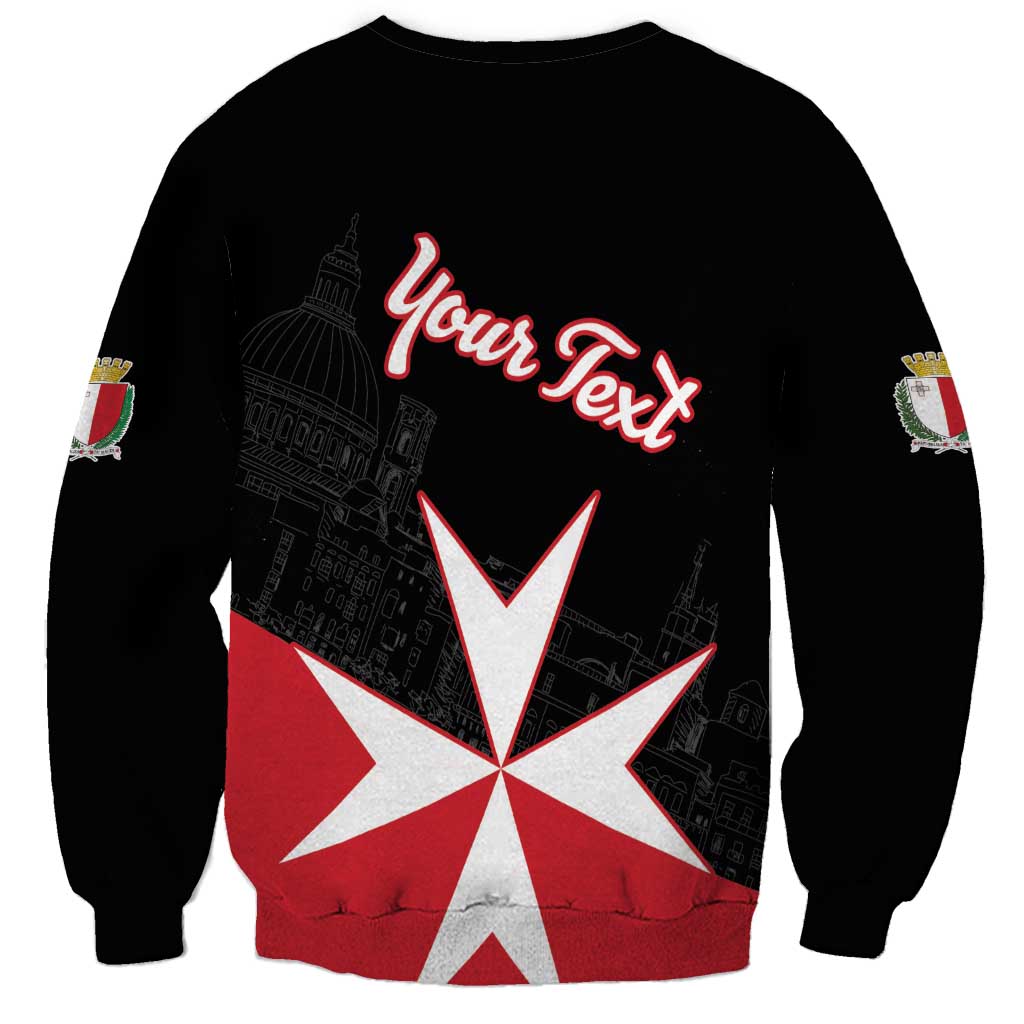 Black crewneck sweatshirt back with red 'Your Text' script and Malta cross graphic