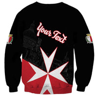 Black crewneck sweatshirt back with red 'Your Text' script and Malta cross graphic