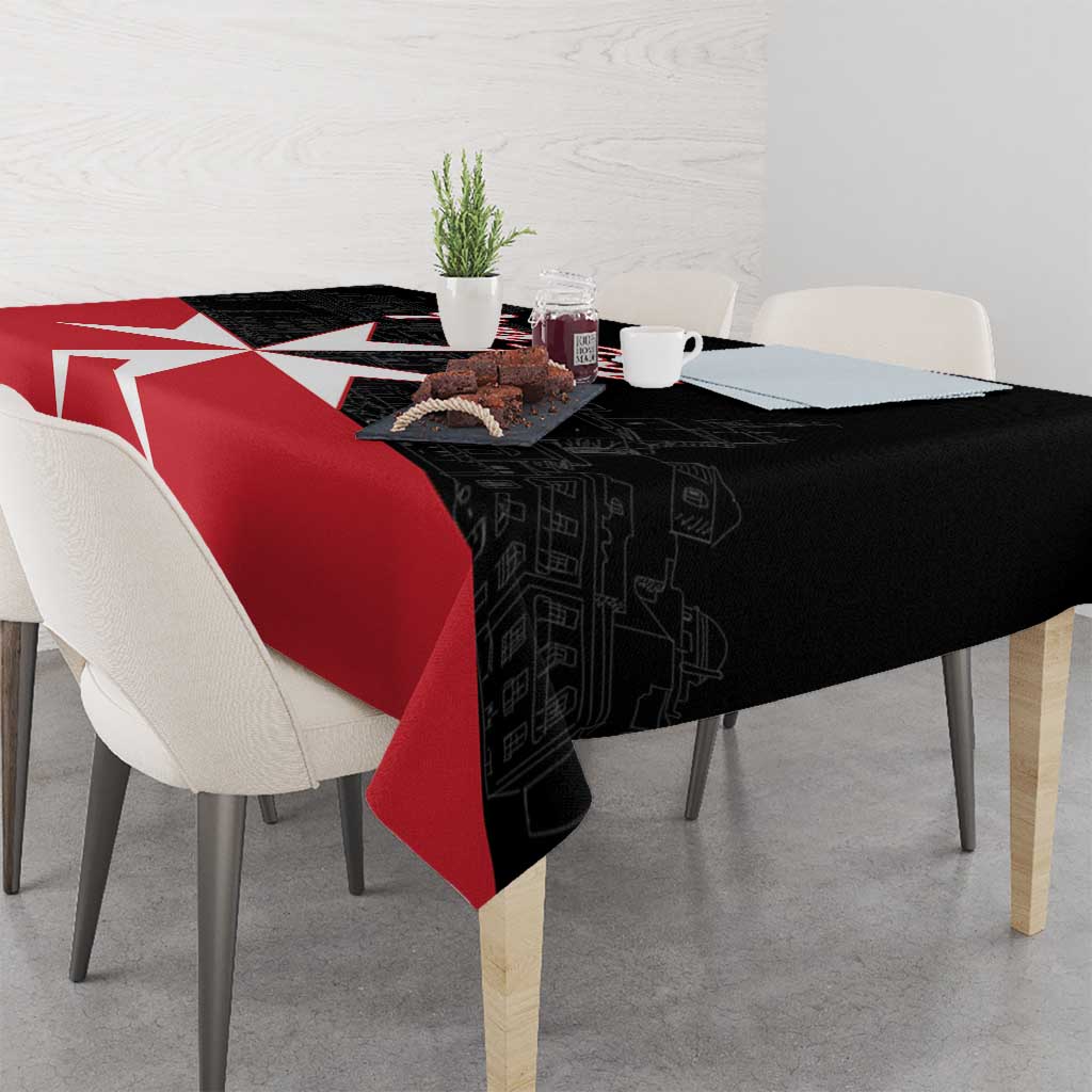 Black and red Malta cross tablecloth with red stripe across the table