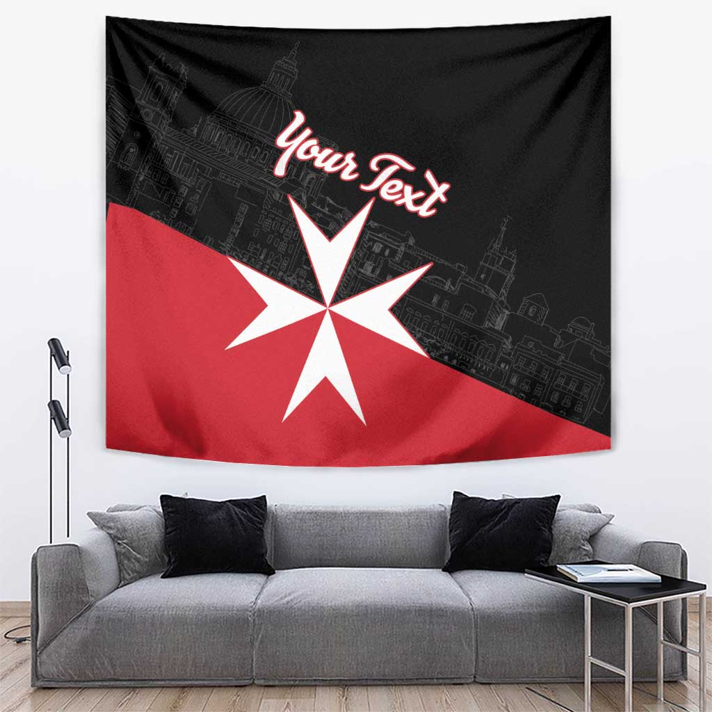 Personalized Malta cross wall tapestry, black and red with white cross and “Your Text”