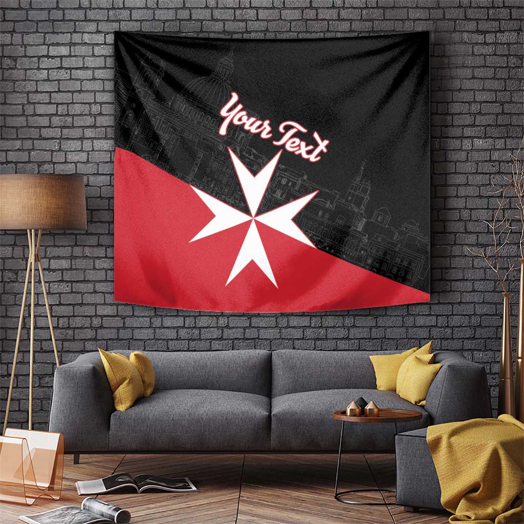 Personalized Malta cross tapestry on brick wall, black-red design with white cross and text