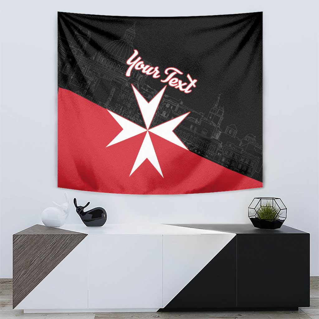 Personalized Malta cross tapestry, black-red background with white Maltese cross and “Your Text”